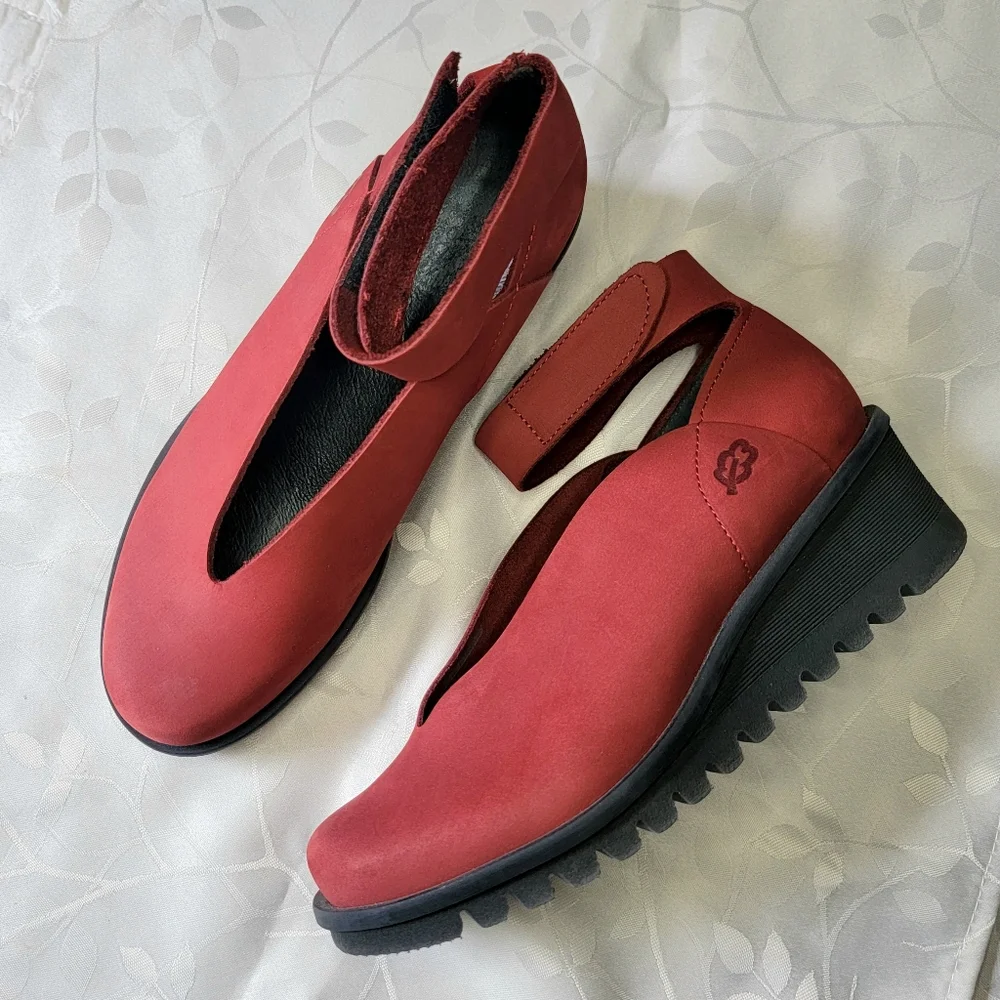 Loints‎ Of Holland Dark Red Leather Ankle Strap Comfort Wedge Shoes Size 7.5